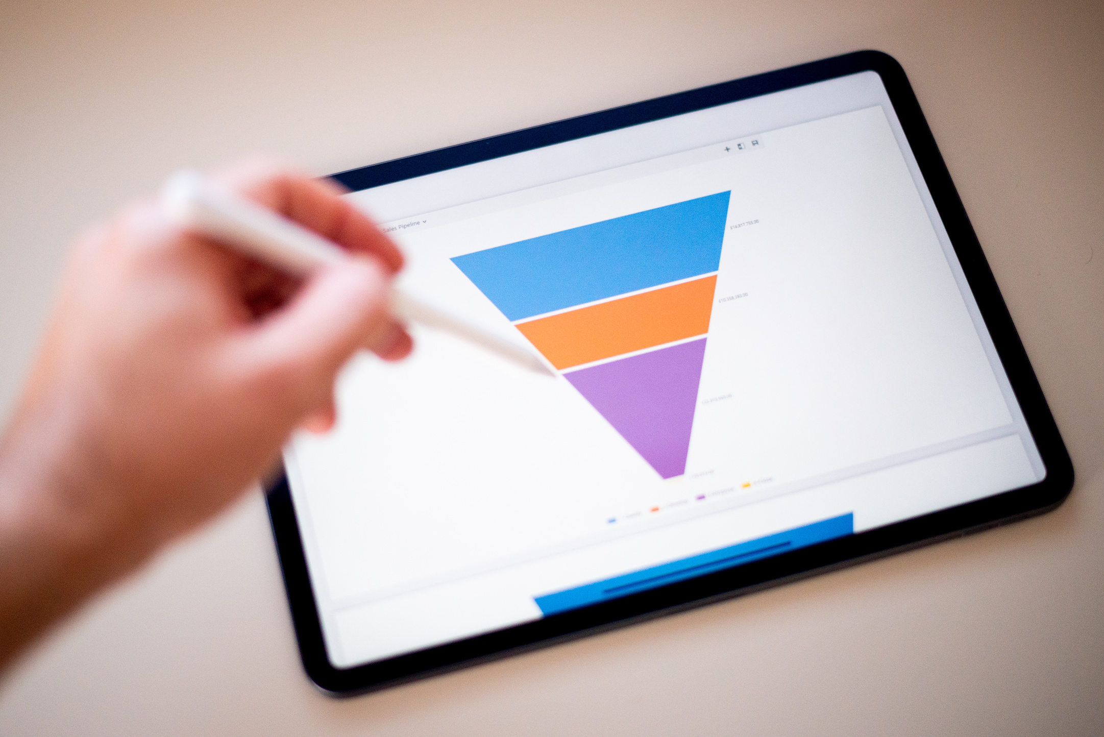 Sales marketing funnel showed on a tablet screen by a young marketer, sales manager pointing data with his pen.